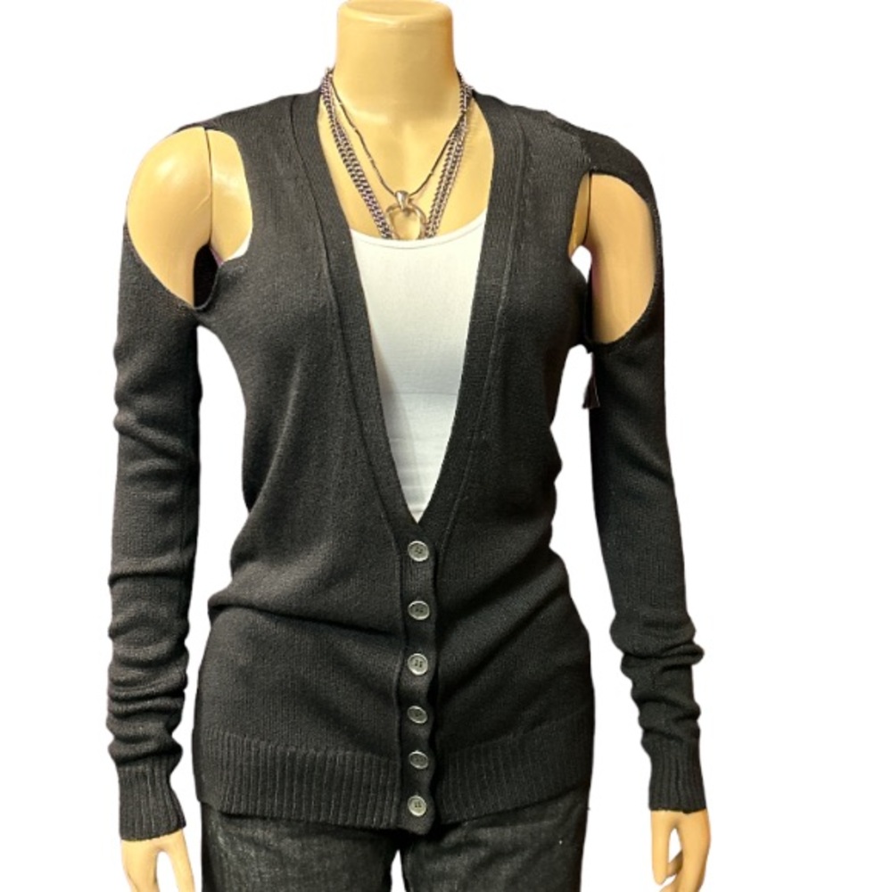 Rachel Rachel Roy Fitted Cardigan Black cut out open Road shoulder V Neck size M